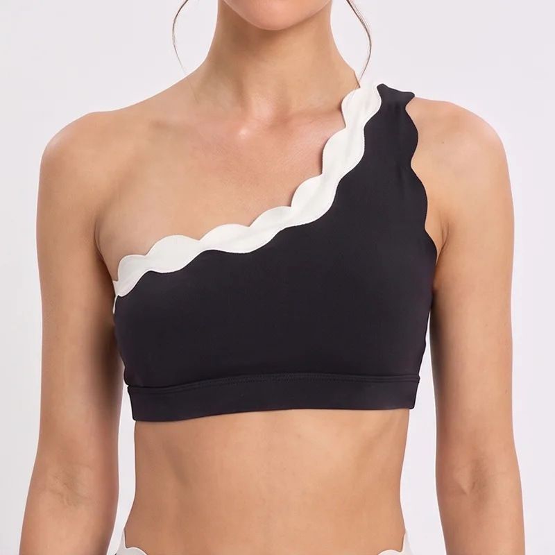 Women One‑Shoulder Sports Bra Contrast Wavy Scallop Edge Yoga Bra Removable Pads Medium Support Workout Fitness Gym Sports Top
