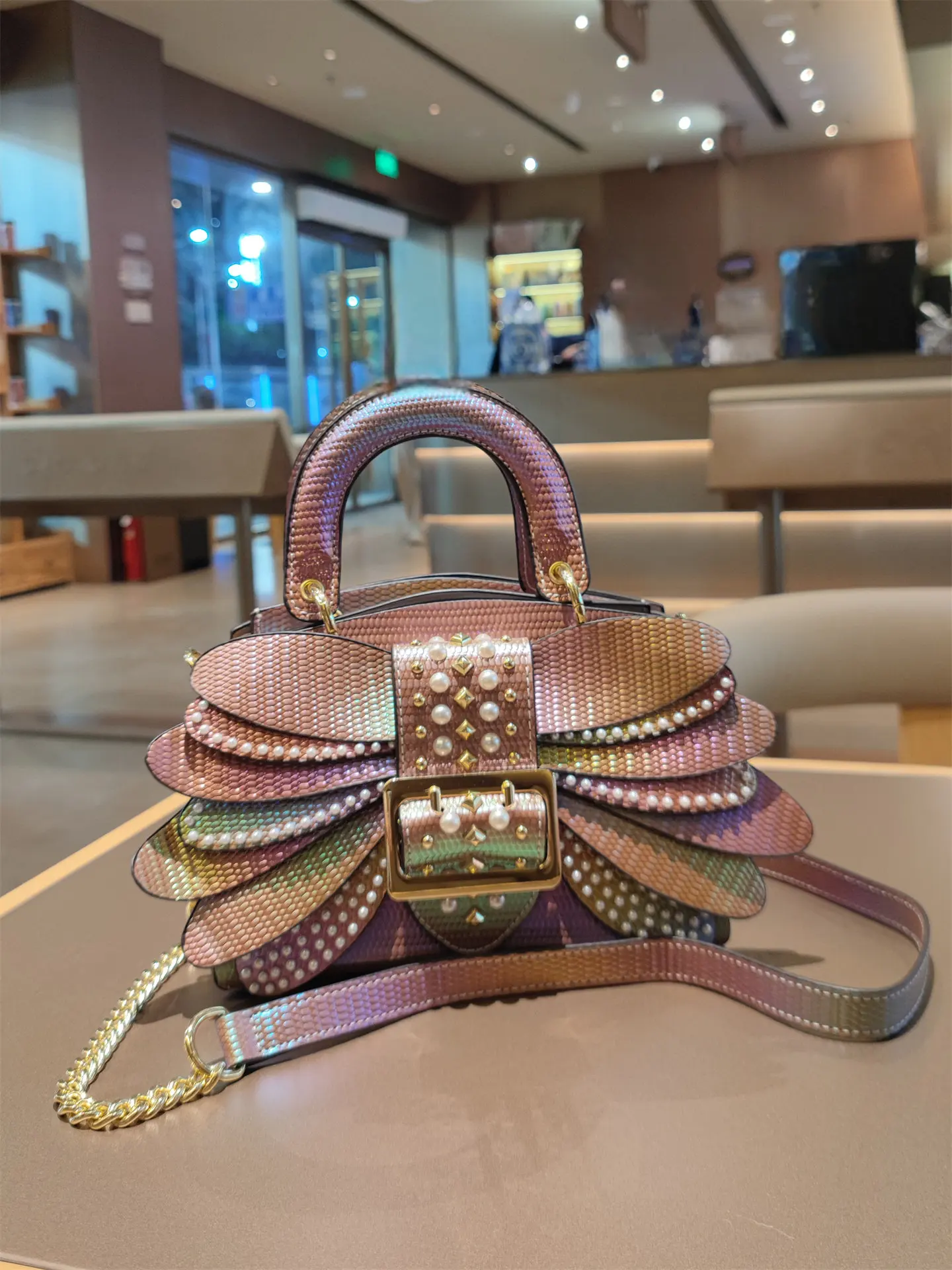 Luxury 3D Petal Crystal Decor Mini Tote Bag Holographic Glitter Women Handbag Detachable Chain Shoulder Crossbody Party Bag
