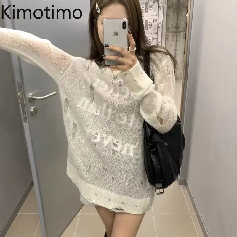 

Kimotimo Letter Print Hole Knitted Tops Women 2025 Autumn Round Neck Loose Long Sleeve Pullover Y2k Fashion Casual Thin Sweater