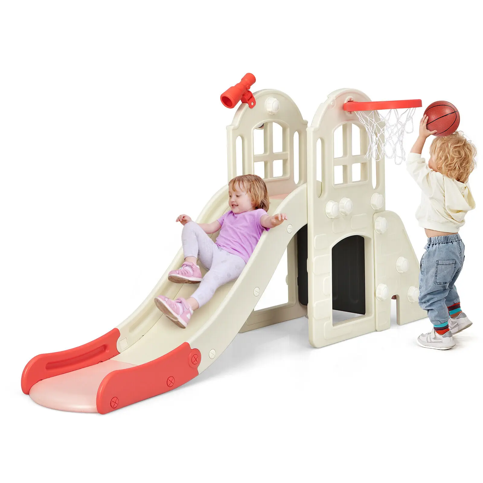 Costway 6-In-1 Large Slide for Kids Toddler Climber Slide Playset w/ Basketball Hoop