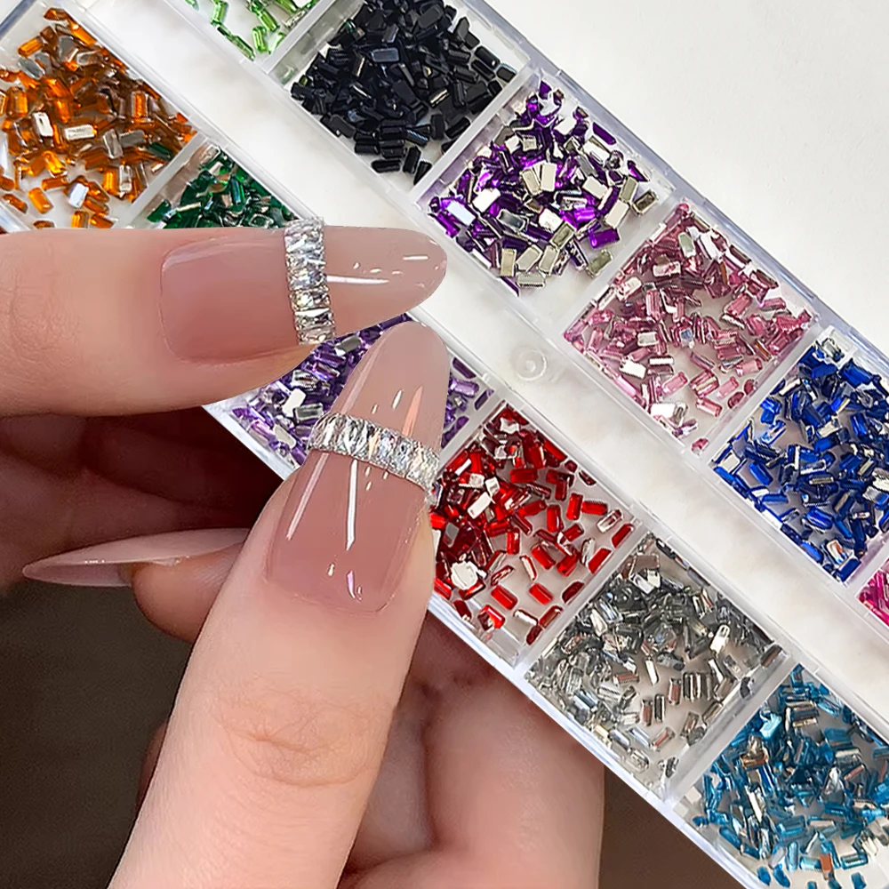 12 Siatek Mieszanych Mini Prostokątnych Cyrkonii do Paznokci, Kolorowe Kryształki 3D 3mm, Luksusowe Błyszczące Ozdoby do Paznokci, Białe/Różowe Diamenty z Płaskim Spodem