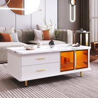 Coffee table, side table with tempered glass doors, drawers with wave structure, tabletop with marble structure.