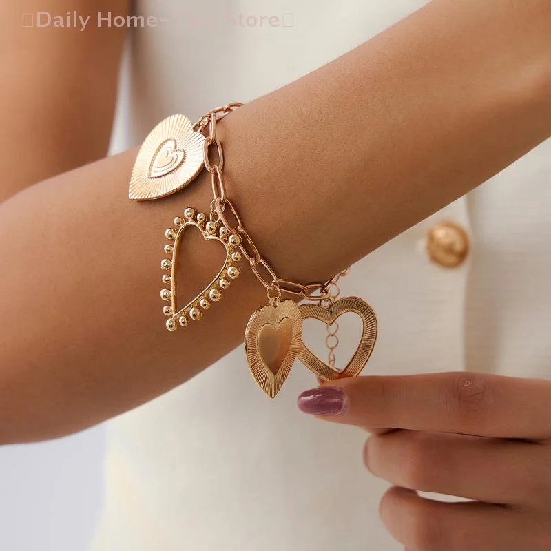 الكلاسيكية كبيرة القلب قلادة سوار للنساء خمر الجوف خارج هندسية سحر سلسلة سوار العصرية مجوهرات هدية #1