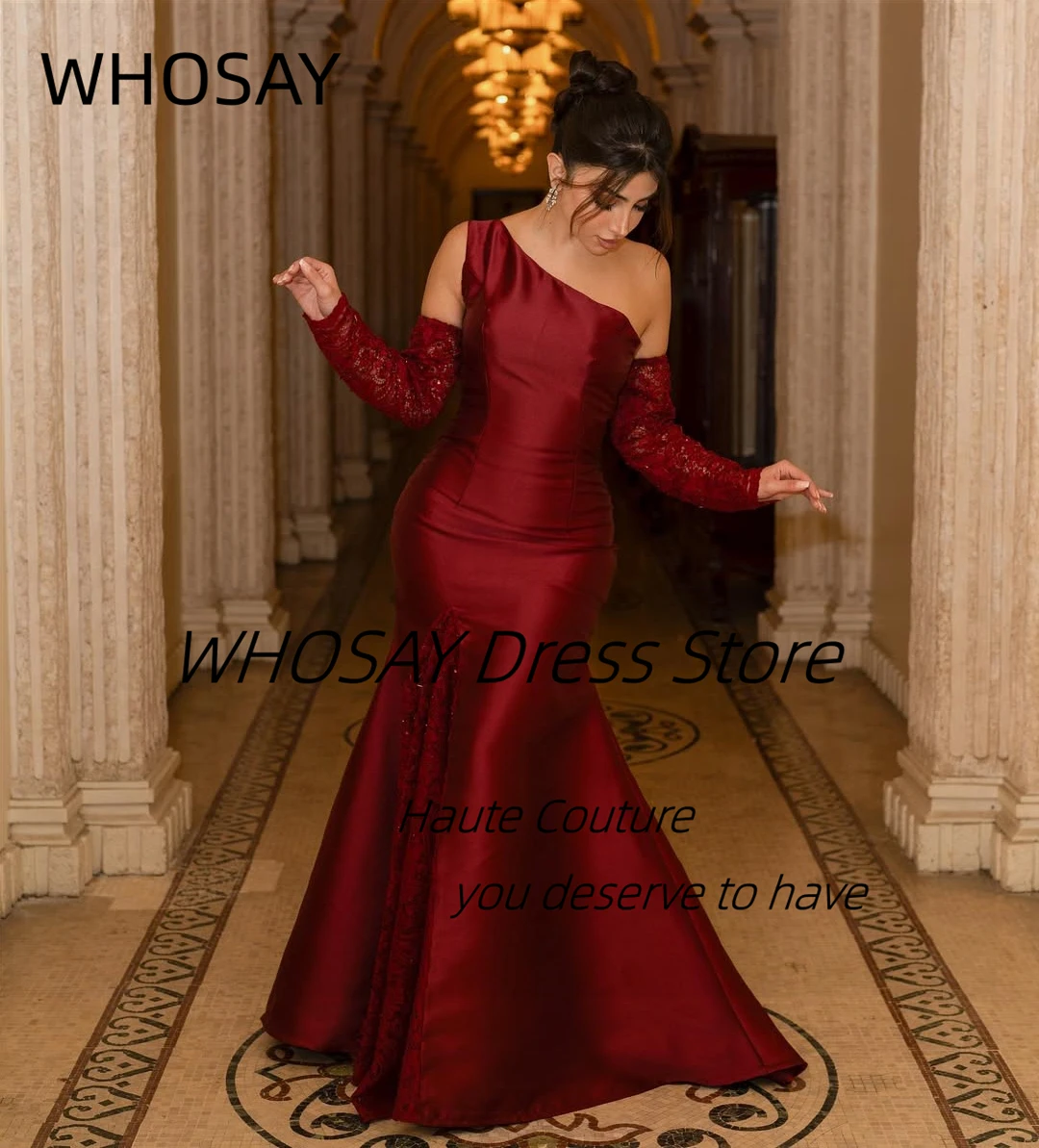 

WHOSAY Modern One Shoulder Prom Dresses 2025 Lace Long Sleeves Birthday Party Dress Mermaid Evening Gowns Customized