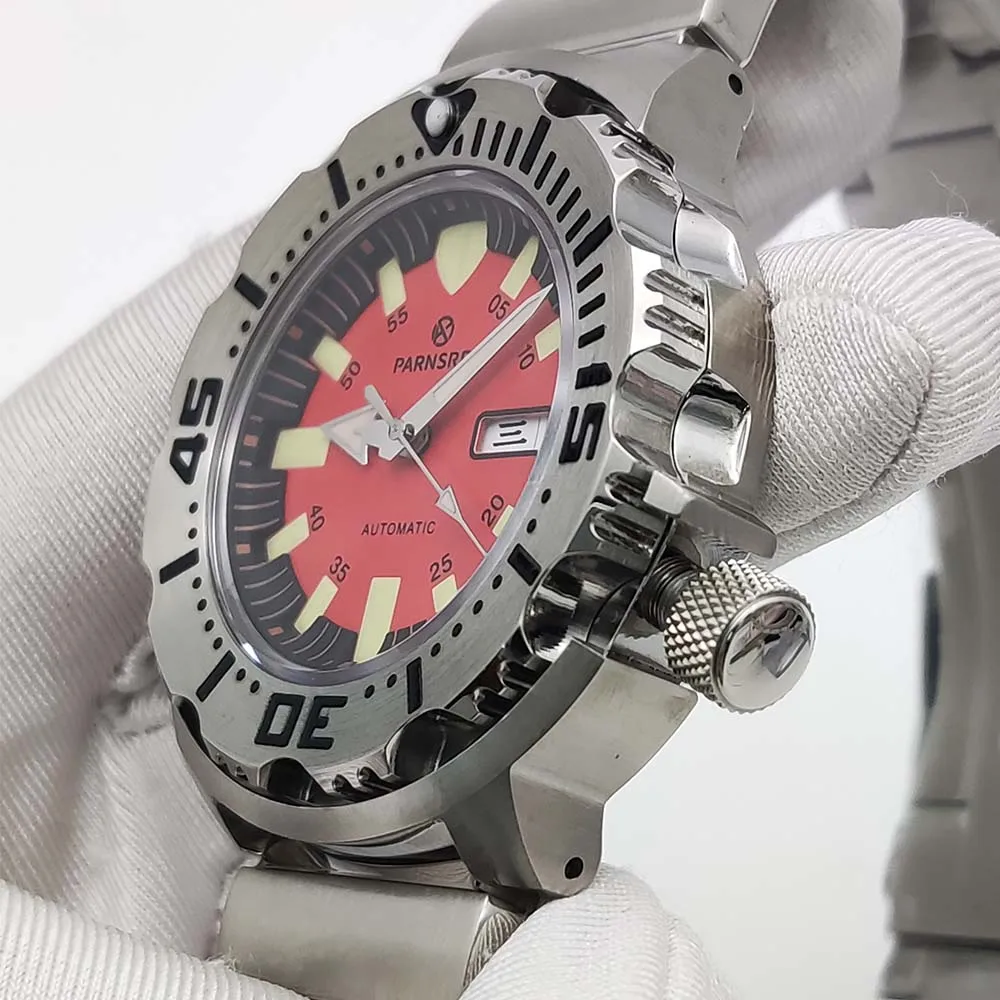 Relógio mecânico automático de safira masculino, caixa de aço inoxidável à prova d'água de alta qualidade, mostrador asséptico vermelho, relógio elegante