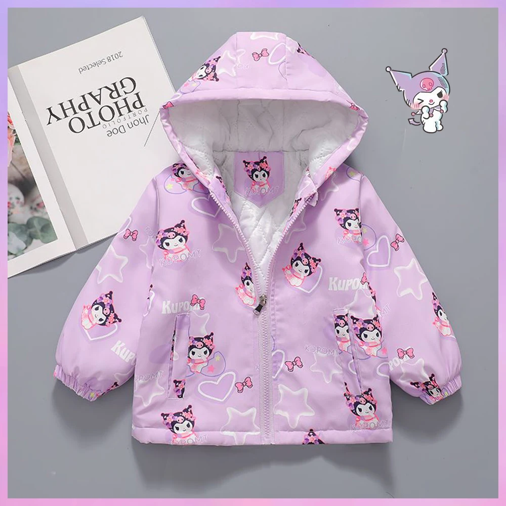 Kawaii Kuromi Children Hooded Jacket Anime Sanrios Cartoon Fashion Thicken Warm Autumn Winter Girls Cute Zipper Outdoor Jackets