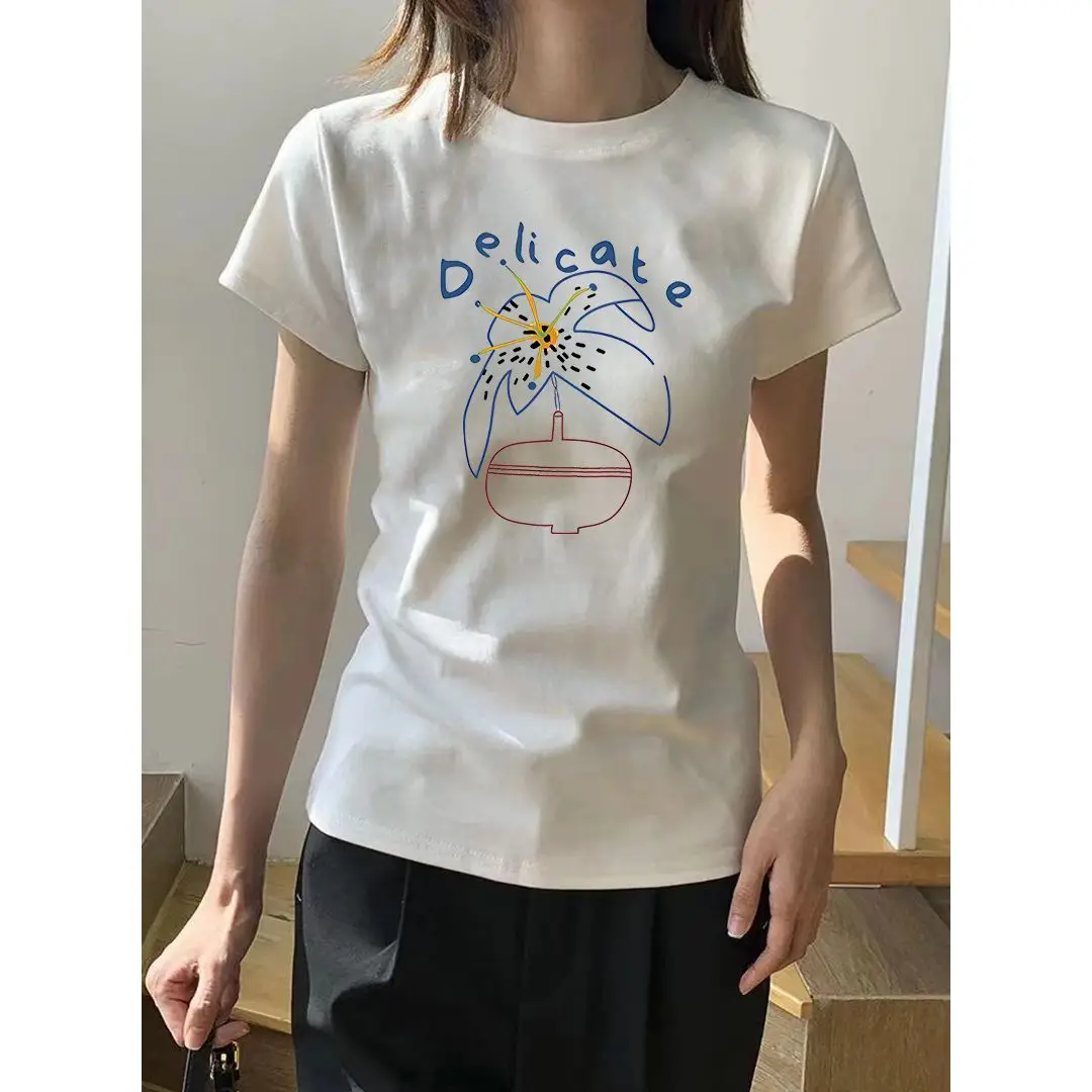 White Slim Fit Design Shoulder Short Sleeved T-shirt Women American Style Commuting Waist Cinching Slimming Top Ins