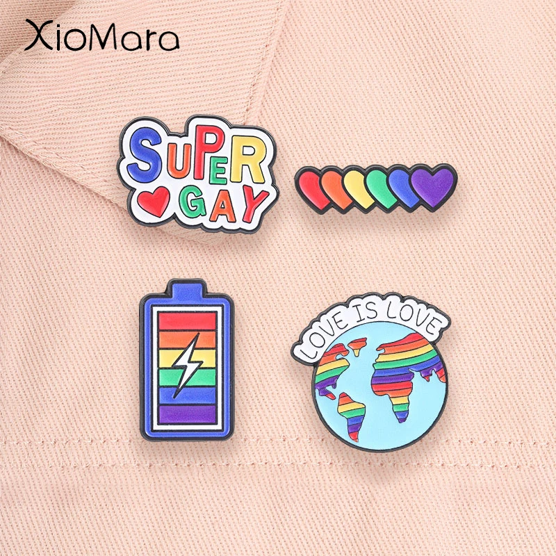LGBTQ Rainbow Enamel Pins Love Is Love Earth Equality Quote Battery Heart Super Gay Pride Month Brooch Lapel Badge Jewelry Gifts
