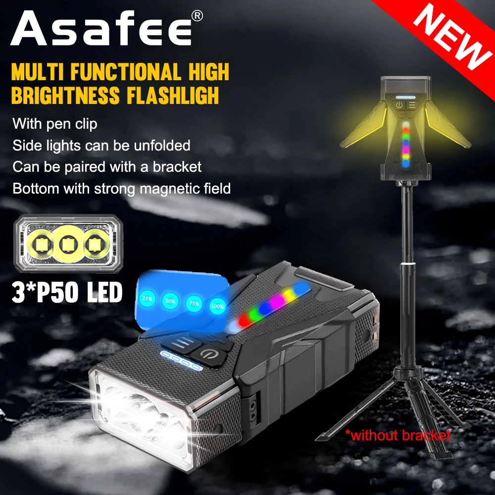 Asafee M19 Multi-functional Convertible Camping Flashlight Outdoor Rechargeable Portable Torch Light RGB LED Magnet Flashlight