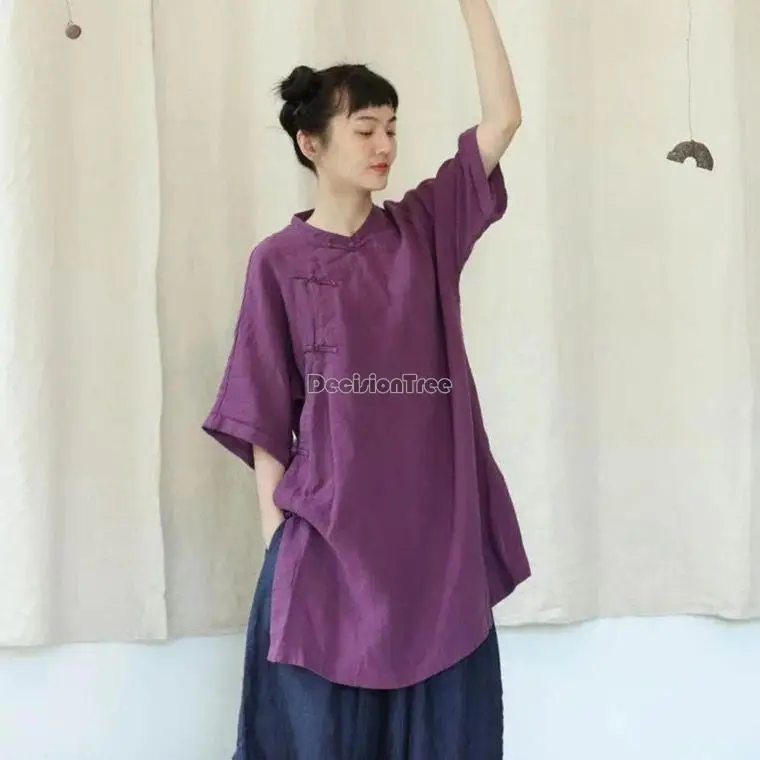 

Рубашка Cheongsam 2021, женская летняя свободная китайская рубашка в стиле ретро с пряжкой и воротником-стойкой, удобная китайская блузка в стиле ретро средней длины
