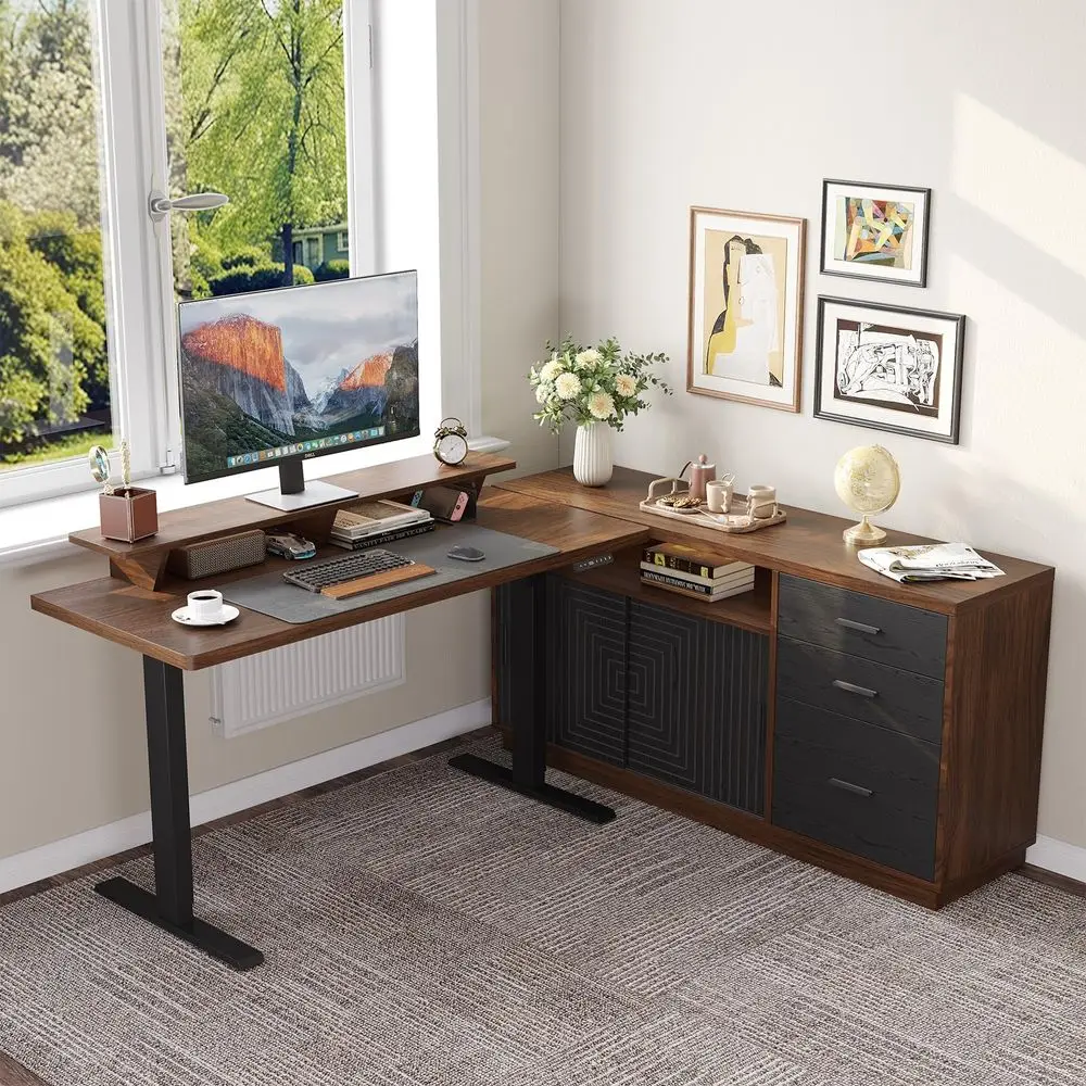 

Home Office Furniture Set, 55 Standing Desk with 55 File Cabinet, Electric Height Adjustable Executive Workstation with Monitor