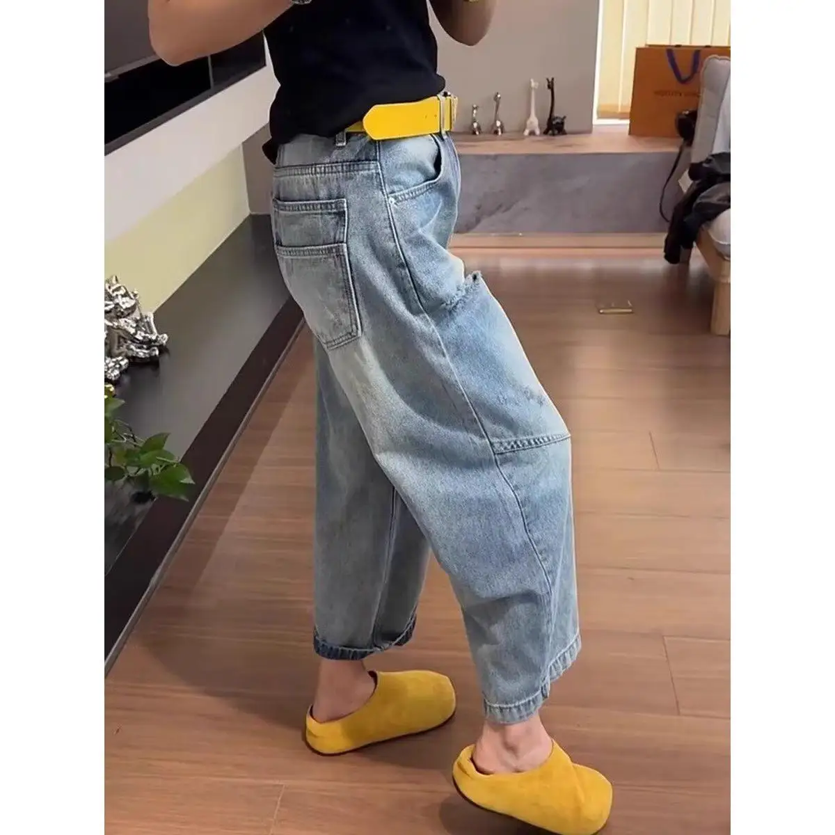 

Джинсы больших размеров с высокой талией, женские весенне-осенние свободные узкие прямые джинсы для папы, повседневные длинные брюки глубокого цвета