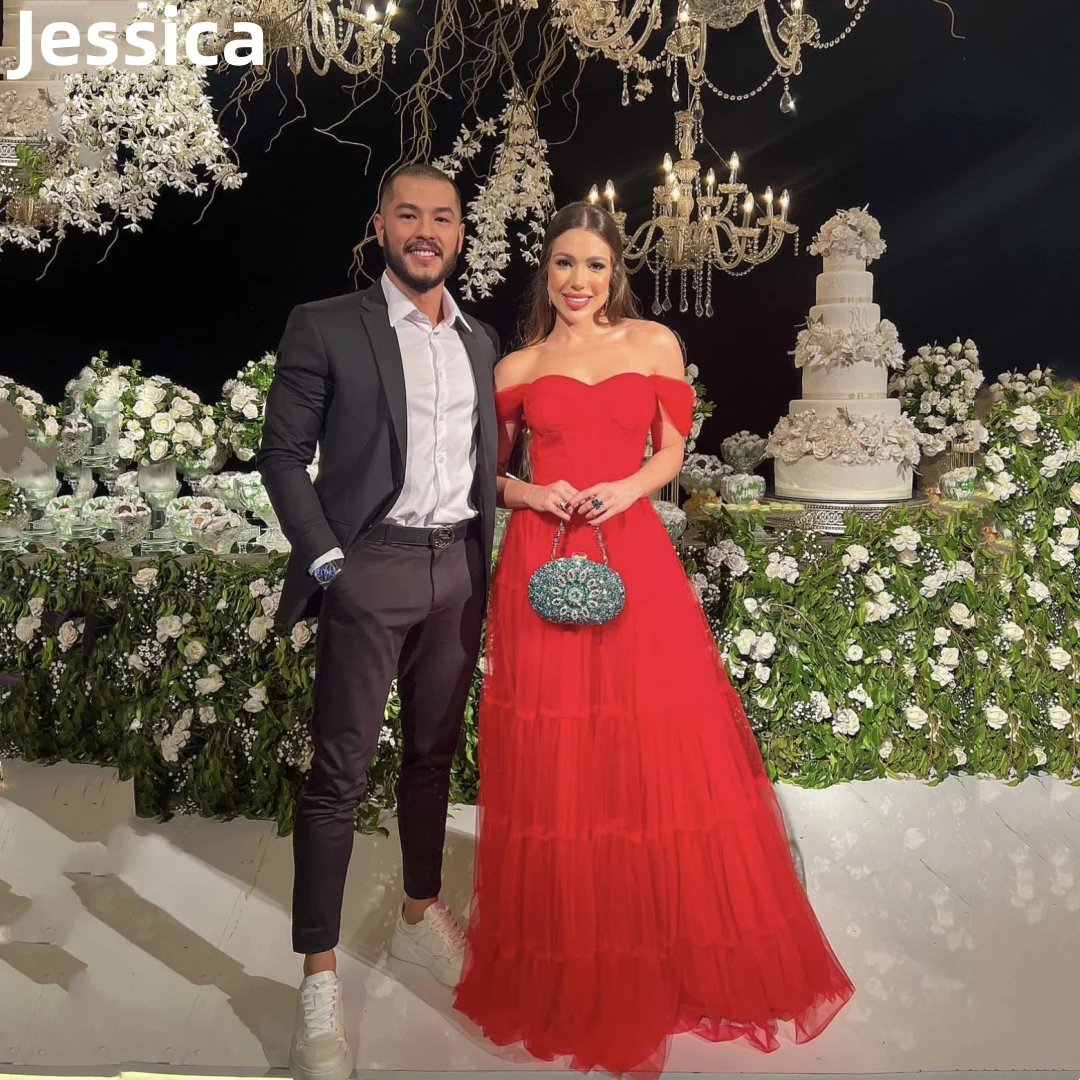 Jessica Red Prom Dress Off-the-shoulder Tulle Evening Dress Robes De Soirée Formal Occasions A-shaped Wedding Party Dress