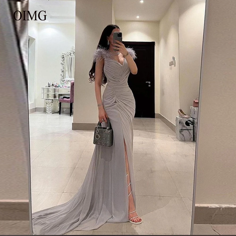 

OIMG Luxury Women Mermaid Long Evening Dresses Feathers Sweetheat Pleats Chiffon Slit Sexy Prom Gowns Night Event Party Dress