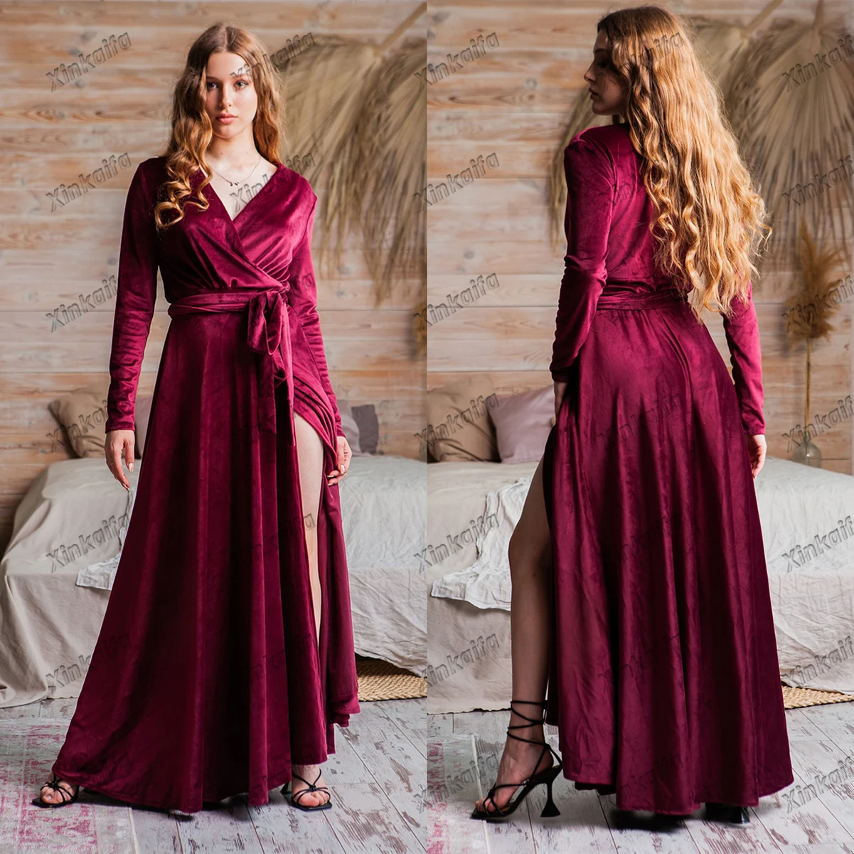 Red Velvet Night-Robe Elegant Comfort Skin Friendly Women Pajamas Belt Housecoat Long Sleeve Nightwear Size Color Customized