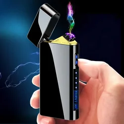 USB Electric Metal Windproof Flameless Pulse Double Arc Lighter LED Power Display Touch Igniting Cigar Lighter High End 2024Gift