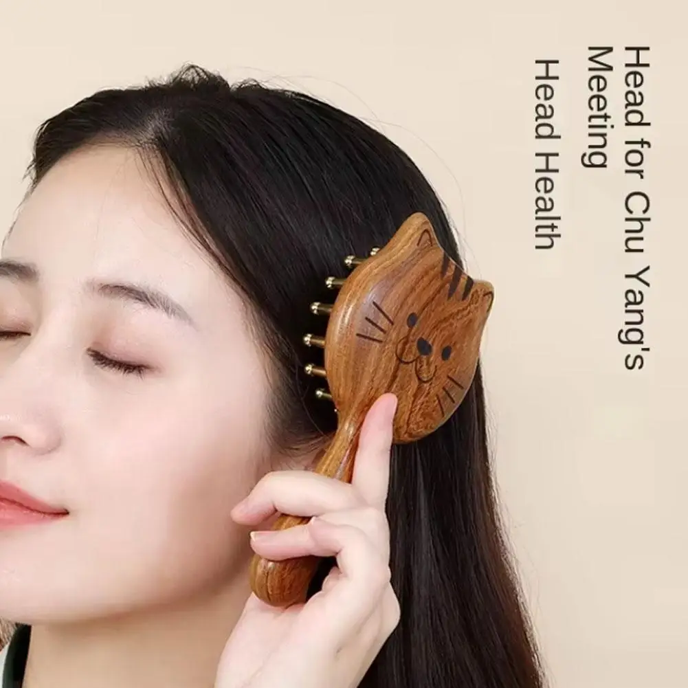 Gold Thread Sandalwood Detangling Brush Massage Comb Creative Cartoon Cute Cat Long Hair Comb Home Use Thick Tooth Comb