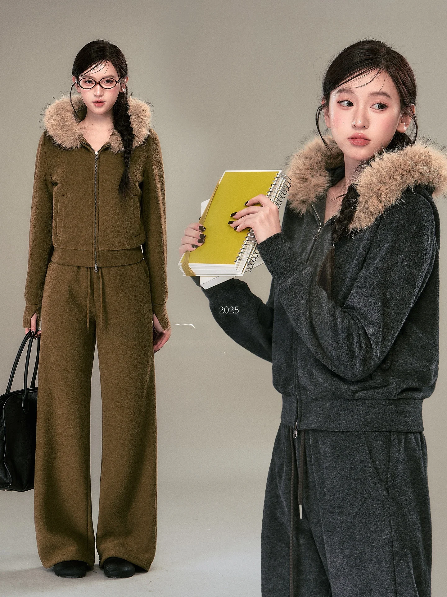 

Женский комплект OIOI E: толстовка с капюшоном и меховым воротником, повседневные прямые брюки, зимний модный комплект из двух предметов