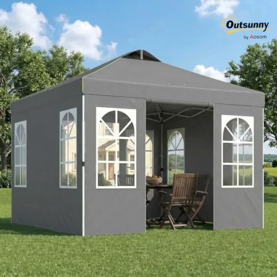 Outdoor portable instant canopy shelter, 9.6 x 9.6 ft pop up tent with sidewalls UPF50+, dark gray polyester fabric, one-button