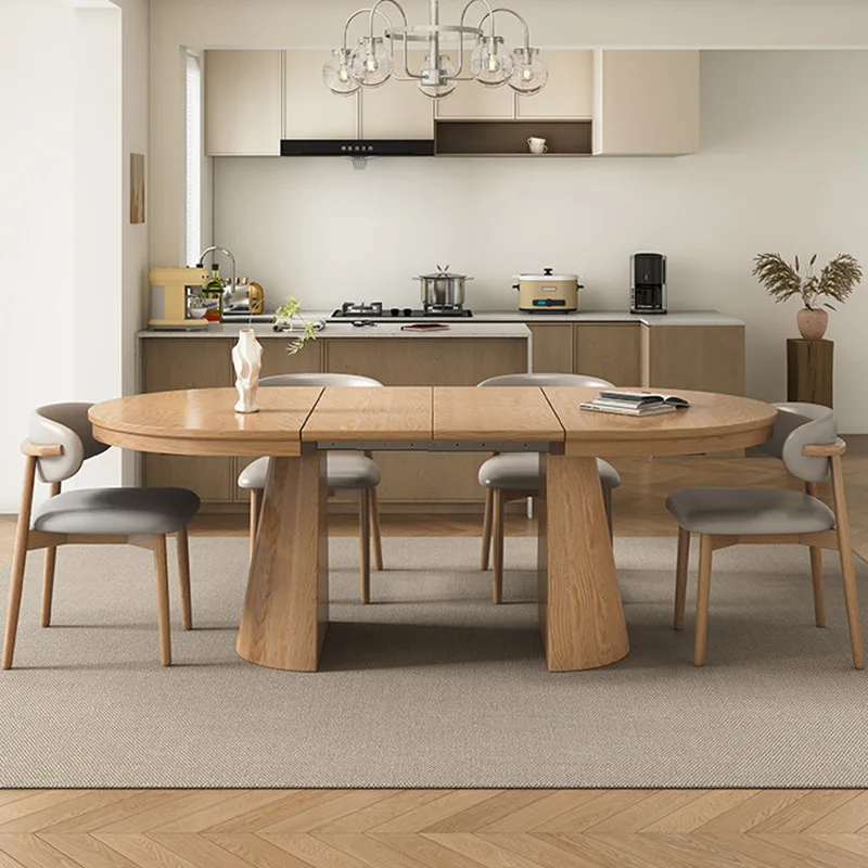 Log color all solid wood retractable folding dining table variable round table