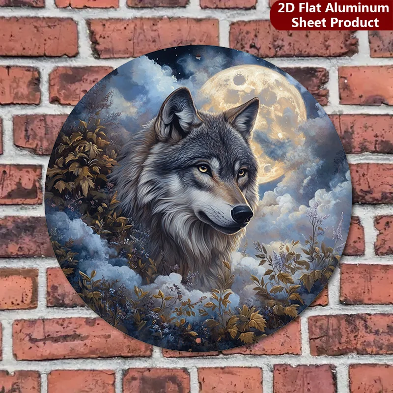 2D Flat, 1 Piece Pack, Mystic Wolf Round Hanging Sign, Moonlight Forest Vintage Decorative Sign, Fantasy Art Porch Decoration