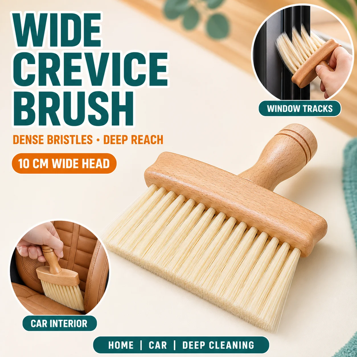 Wide Crevice Cleaning Brush with Dense Soft Bristles, Wooden Handle Dusting Tool for Window Tracks, Car Interior, Home Detailing