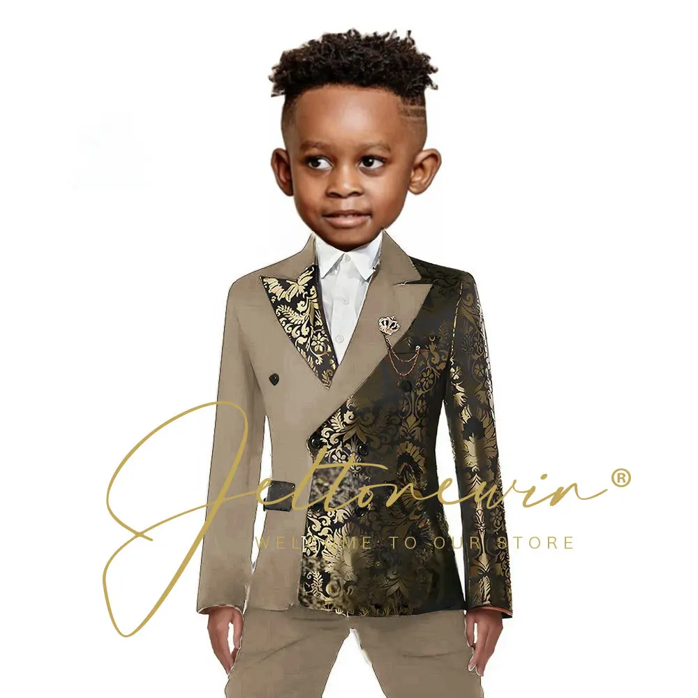 Black Gold Floral Boys Suit Jacket Pants 2 Pieces Wedding Tuxedo Kids Blazer Set Slim Fit Double Breasted Clothes for Child