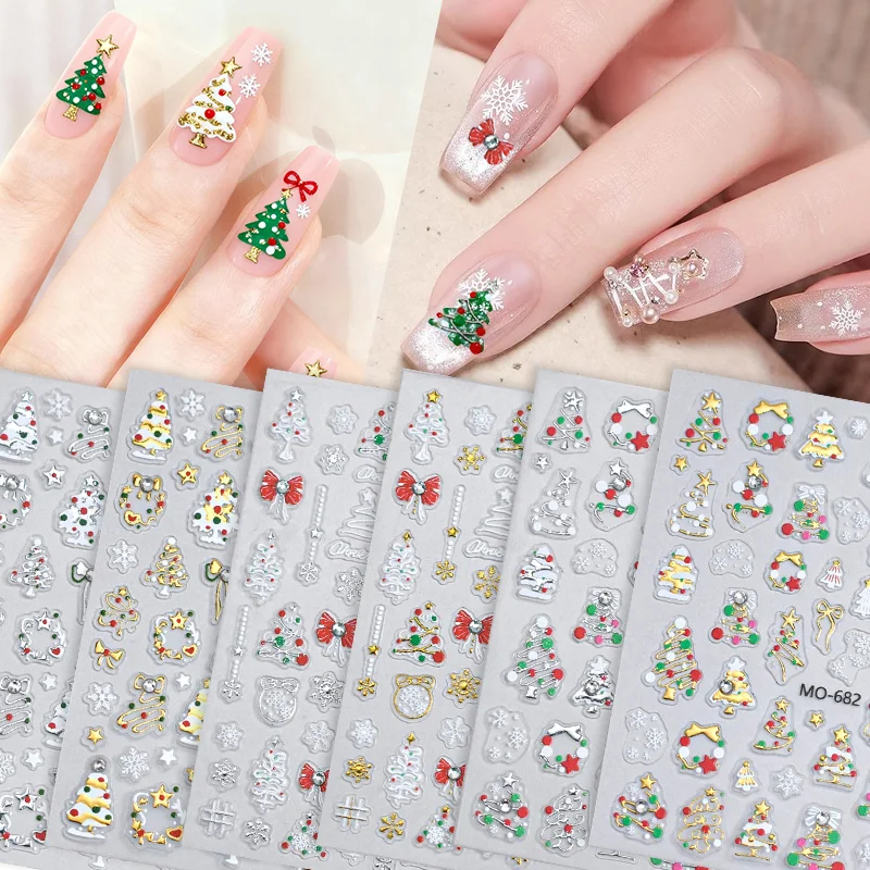1개 크리스마스 네일 스티커 럭셔리 크리스탈 만화 크리스마스 트리 백 글루 네일 아트 스티커 DIY 신상 3D 네일 장식