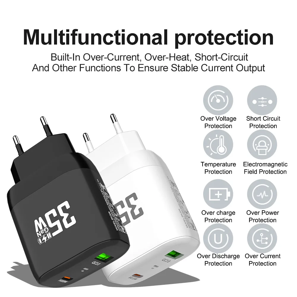 GaN USB tipo C carregador de telefone, carregamento rápido portátil, QC 3.0 adaptador de energia para iPhone 15, 14, 13, Samsung, Huawei, 35W