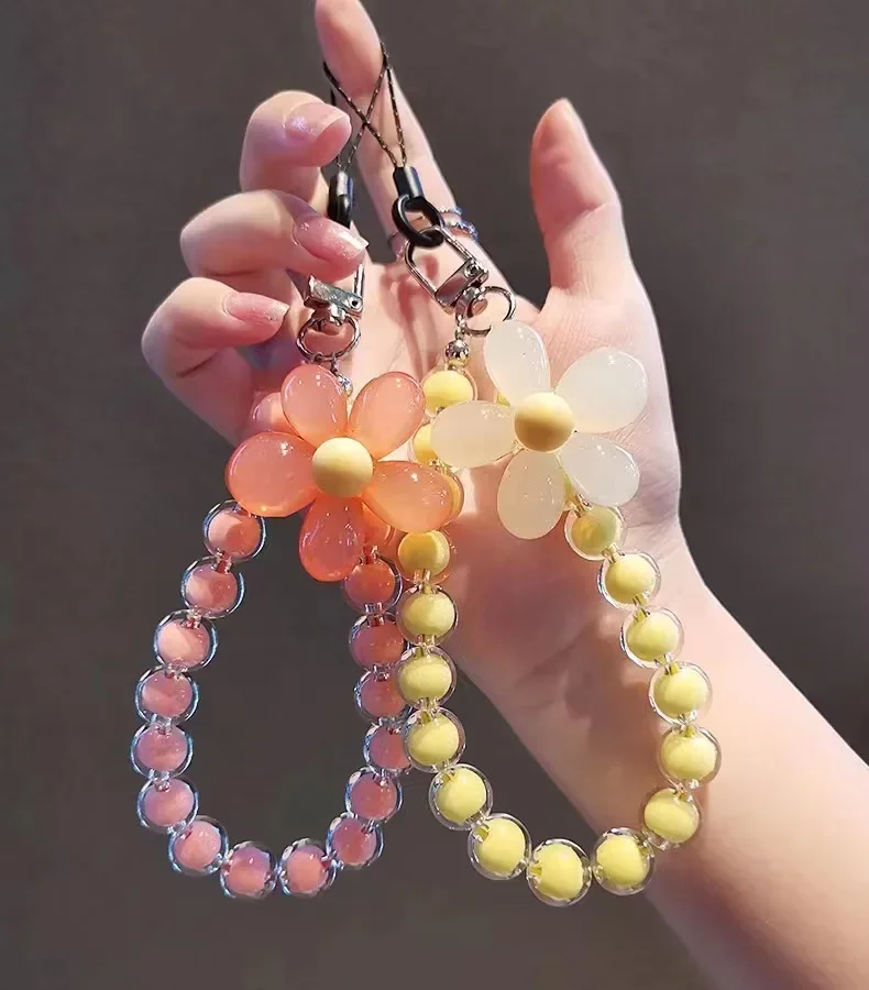 Mobile Phone Anti-lost Lanyard Key Short Wrist Flower Pendant Colorful Macaron Round Bead Women's Hand-held Chain