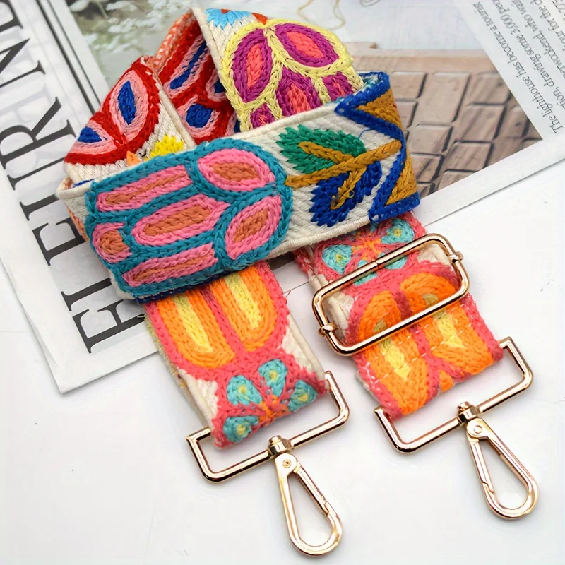 

Vintage Embroidered Woven Shoulder Strap Adjustable Detachable Crossbody Bag Accessory Multicolor Edge Paint Synthetic Resin