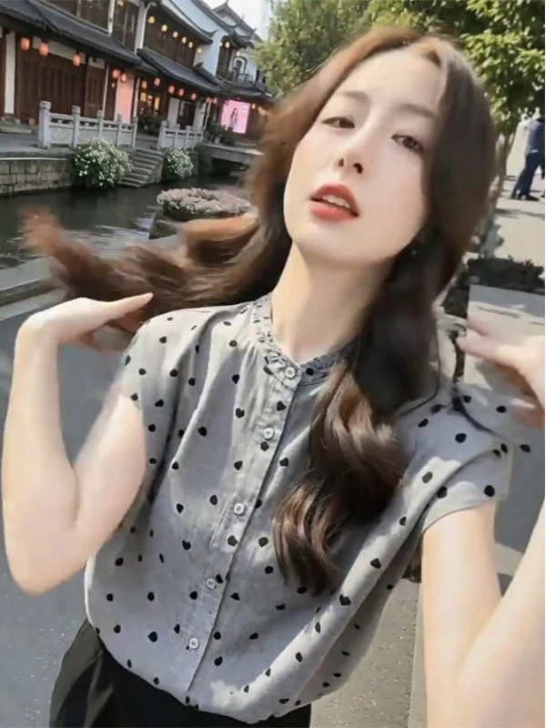 

Elegant Short Sleeve Shirt Summer 2026 New Fashion Women's Top Breathable Skin-friendly Polka Dot Print Casual Loose Fit