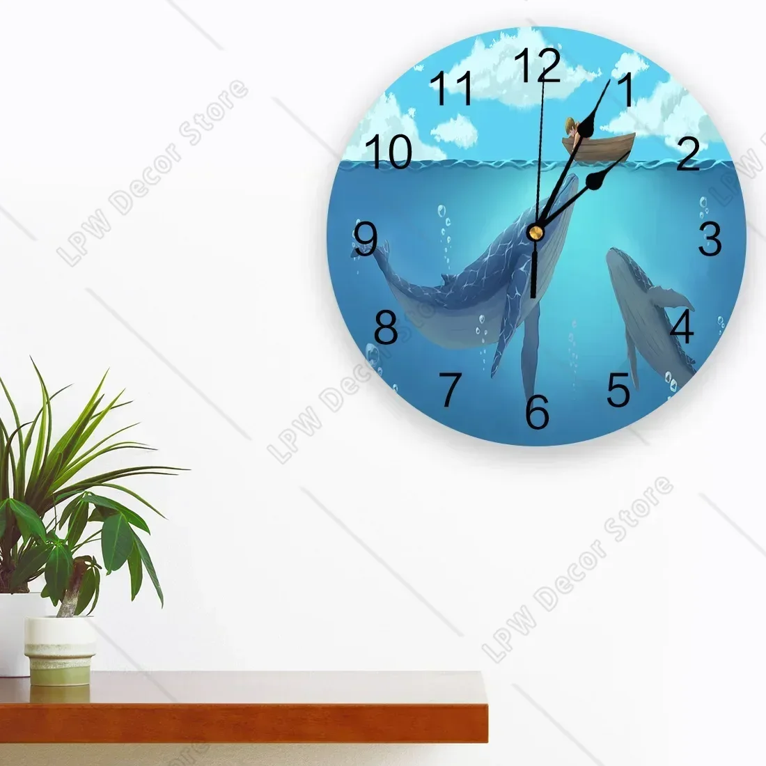 People And Animals Whale Boat Silent Decorative Wall Clock Digital Clock Operated Round Home Office School Clocks