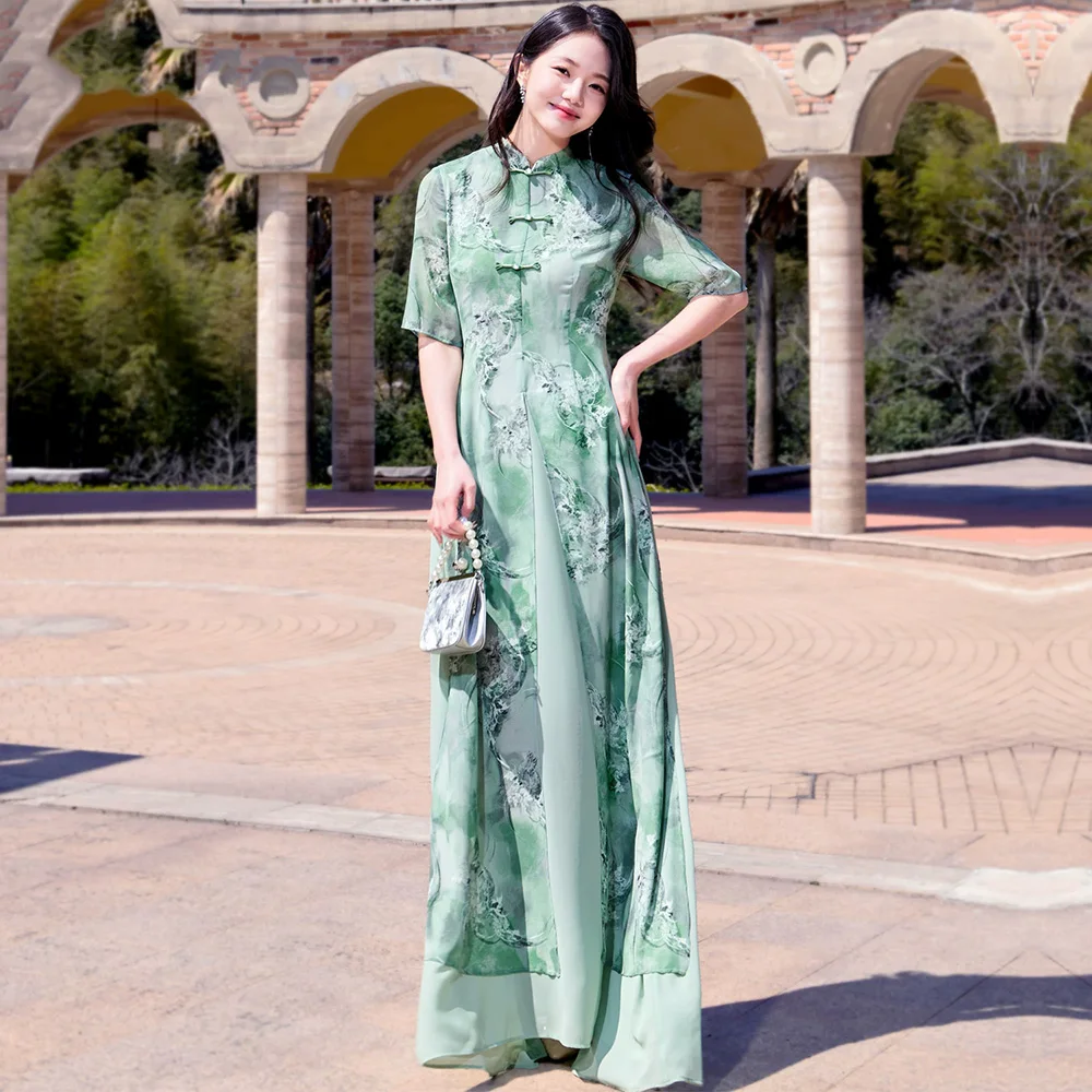 New Women Chinese Style Light Green Long Dress Summer Fashion Stand Collar Half Sleeve High Print Dress Elegant Gentle Dress