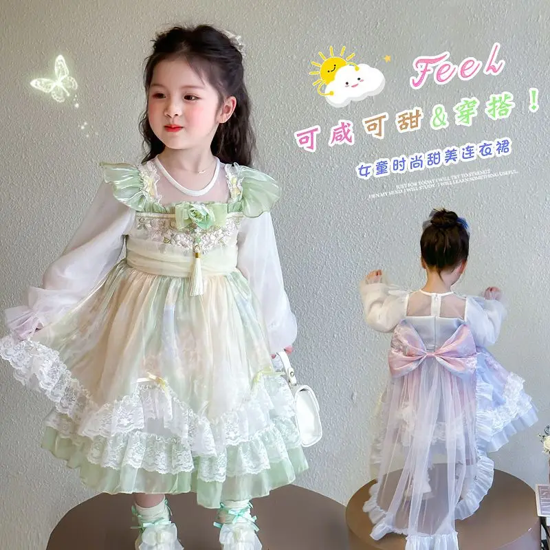 

Baby Girl Autumn Spring Vintage Floral Lolita Layed Lace Princess Ball Gown Dress for Birthday Holiday Party Eid Child Clothing