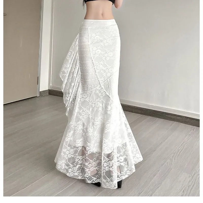 Gonna lunga da donna con gonna lunga elegante che copre i fianchi in pizzo elastico a vita alta tinta unita