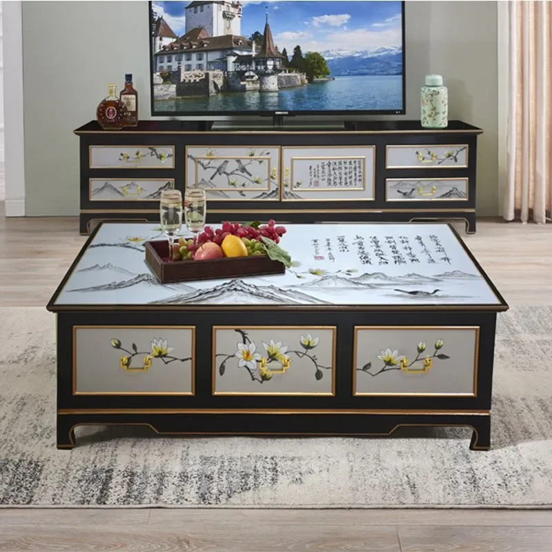 New Chinese Style Silver Foil TV Cabinet and Coffee Table Set Small Apartment Living Room Painted Floor Cabinet Dining