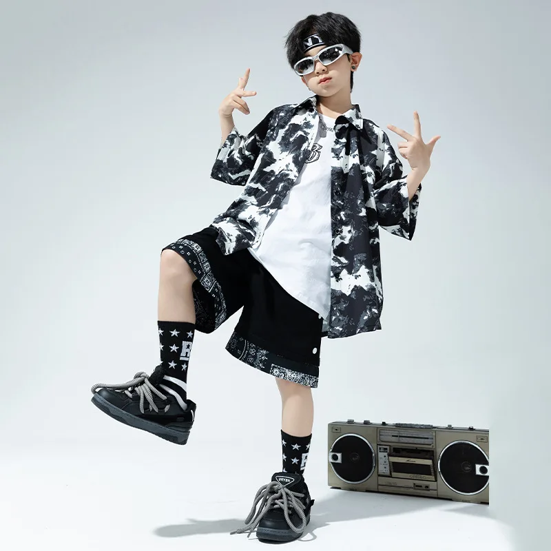 Kids Hip Hop Jazz Performance Clothes Sets Short Sleeve Tie-dye Print Shirt + Black Shorts Teen Boys Girls Street Dance Costumes