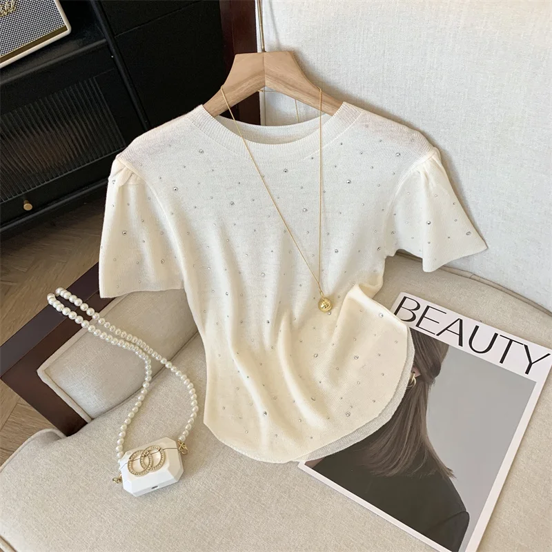 

Summer TShirt Women Elastic Diamond T-Shirt Woman Clothes Female Tops Sleeveless Tank Women's tube top knit Slim Tshirt clothing