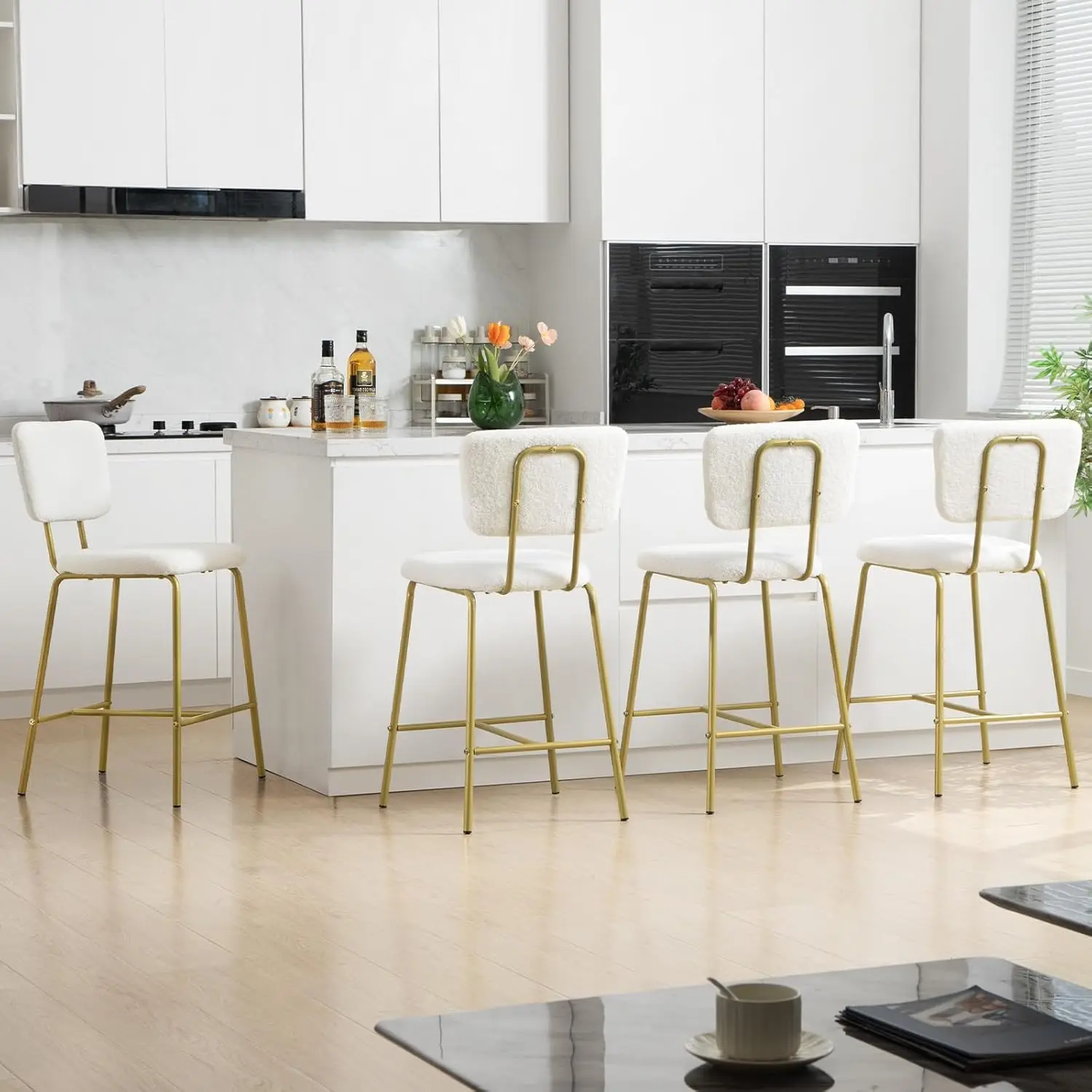 Counter Height Bar Stools Set of 4 - Modern Boucle White Barstools with Gold Metal Legs, Armless Bar Chair for Kitchen