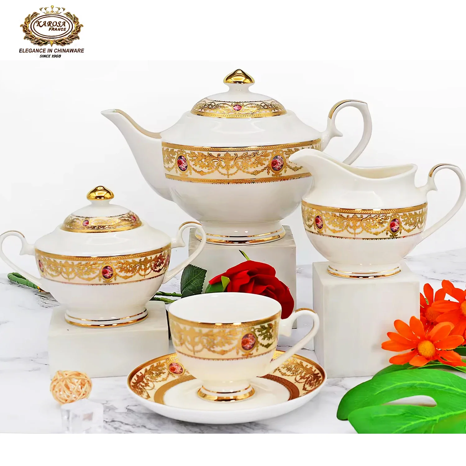 Karosa 17-Piece Western Luxury Fine Bone China With Embossed Gold Design Vintage European Style Tea And Coffee Cup Set