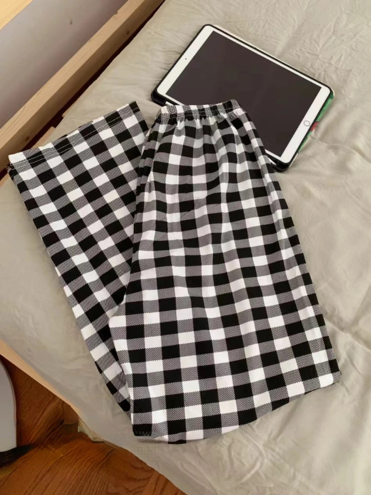 Black White Plaid Sleep Bottoms for Women Causal Elastic Waist Autumn Pajama Trousers Students Comfortable Loose Home Nightwear