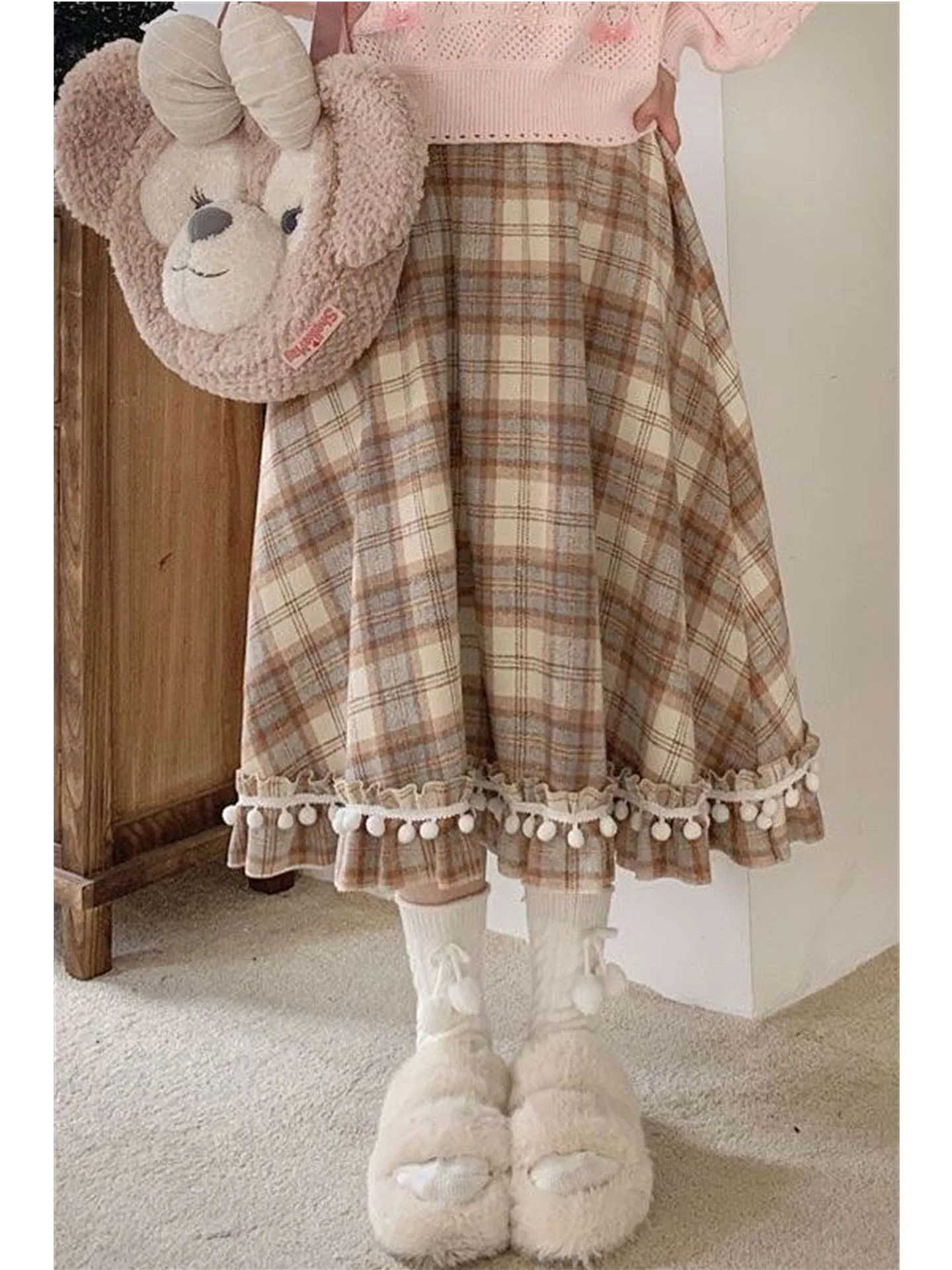 

Плед-юбка трапециевидной формы с высокой талией для женщин, осень-зима, студенческая юбка из искусственного меха в стиле ретро, маленький размер, мягкая юбка для девочек