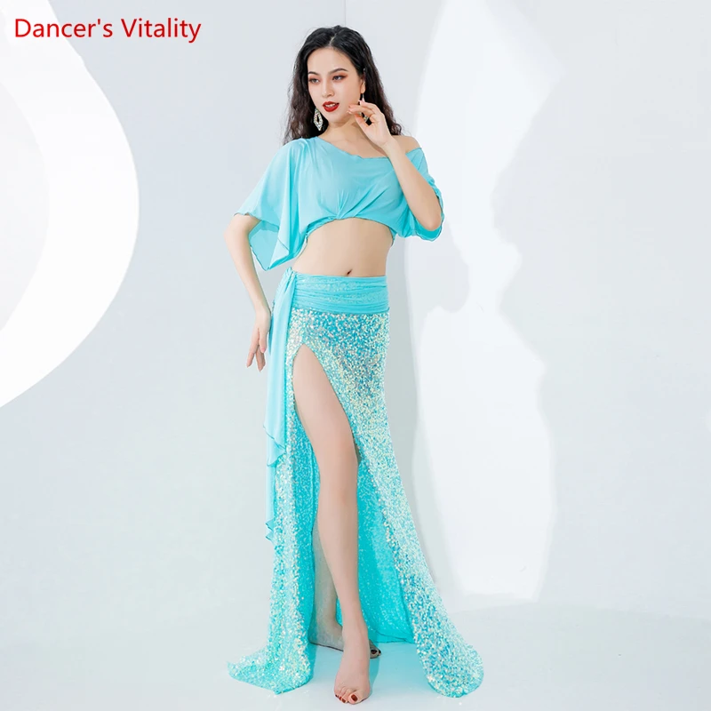 Belly Dance Practice Suit for Women Bellydancing Yarn Short Sleeves Top+Mermaid Sequin Skirt Oriental Dance Exercise Clothing