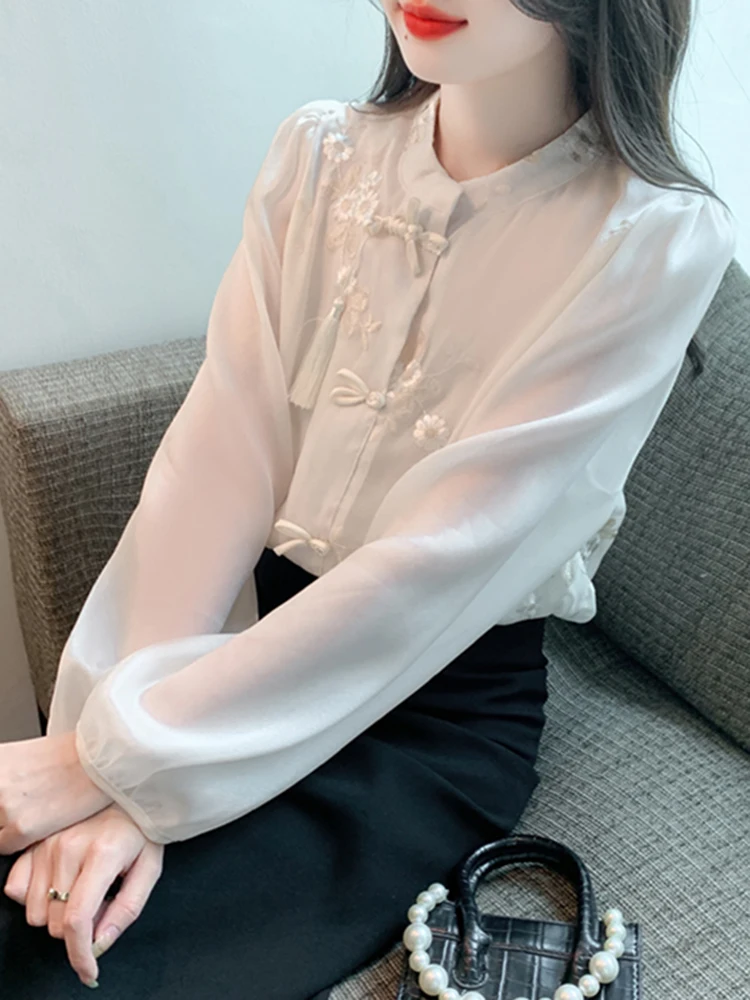 

New Chinese Sle Long Sve Chiffon irt Women's Autumn Sle 2026 Spring New National Sle Button Ele Lady Top
