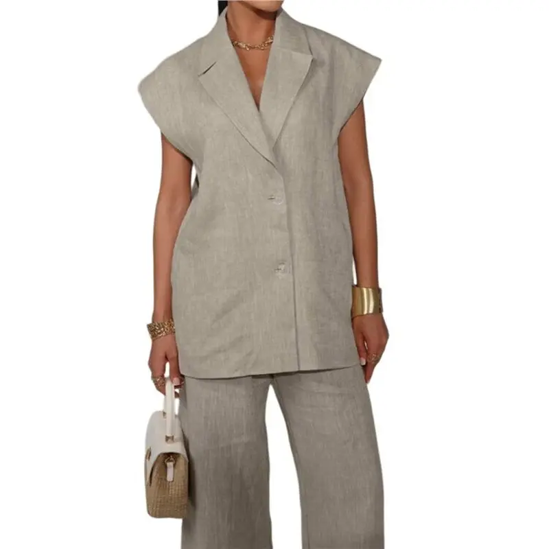 

NEW-Women's 2 Piece Outfits Vest Waistcoat Dressy Casual Sets Wide Leg Pants Suits