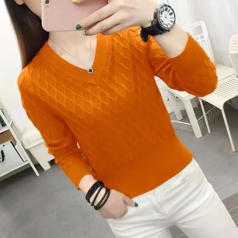 Fashion V-Neck All-match Solid Color Sweaters Women\'s Clothing 2023 Autumn Winter Loose Knitted Korean Pullovers Casual Tops