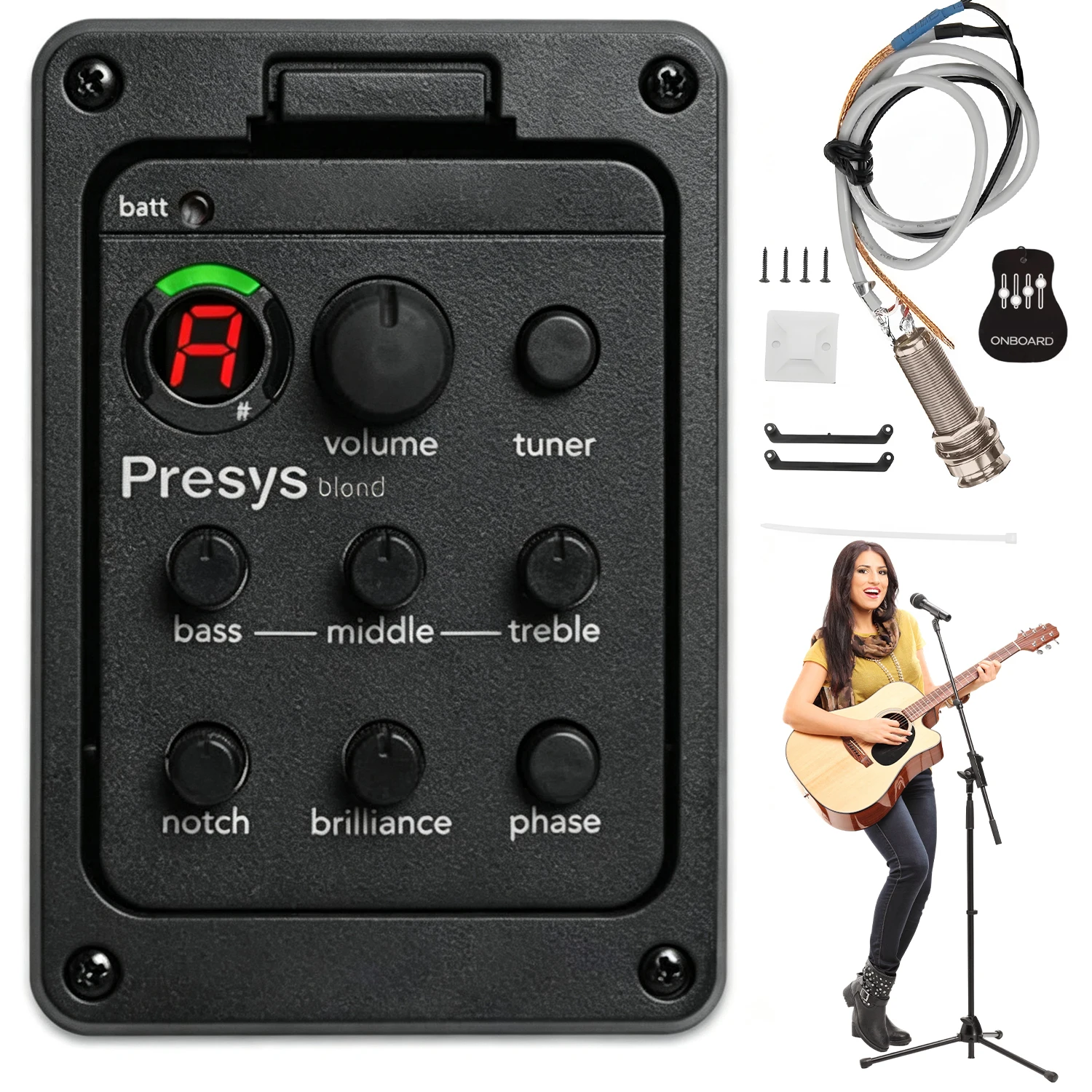 Préampli et égaliseur pour guitare à 3 bandes, avec micro piezo intégré, accordeur, écran LED, commandes de volume, de basses, de médiums et d’aigus, système d’égalisation pour guitare acoustique.