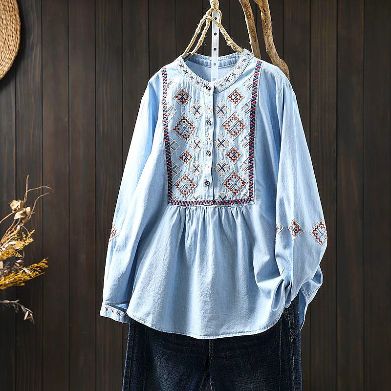 

Vintage Heavy Embroidery Shirts Women O-neck Blusas Mujer Woman Clothing Spring Autumn New Long Sleeve Shirts & Blouses SL114