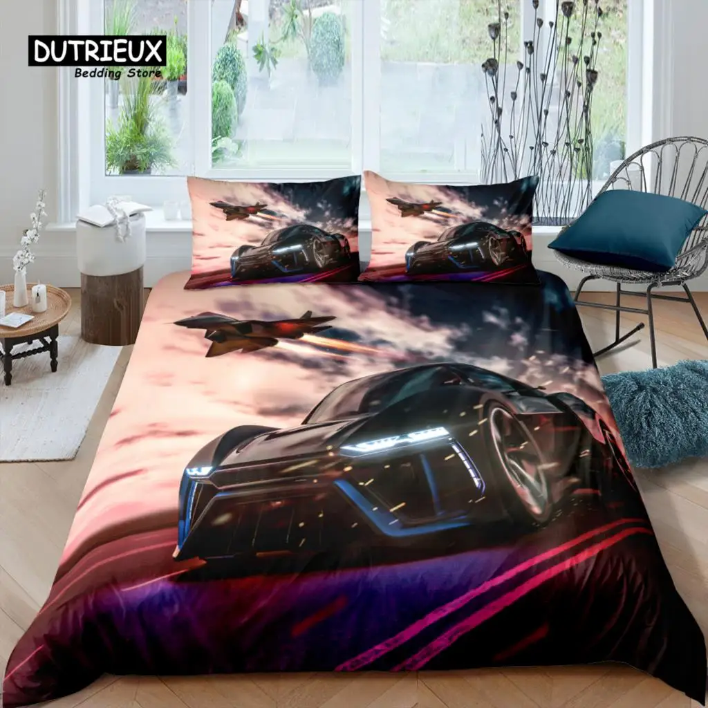 

Home Living Luxury 3D Print Racing Car Bedding Set Fighter Duvet Cover Pillowcase Queen and King EU/US/AU Size Polyester Bedding